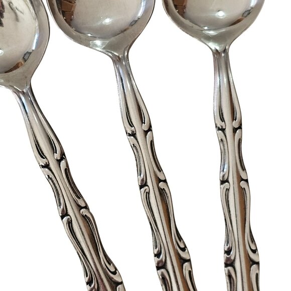 3 Northland model Soup Spoons inches stainless 90s vtg Baroque pierced floral in - Picture 4 of 11